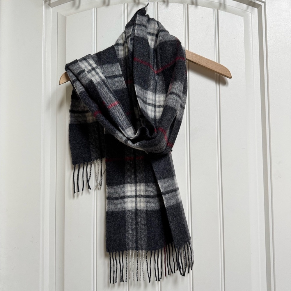Pure New Wool Grey Cream and Red Scarf. 65” by 12” with 4” tassels
